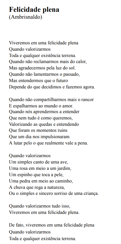 Poema Felicidade Plena do autor Ambrisnaldo, estudante de Engenharia de Controle e Automação