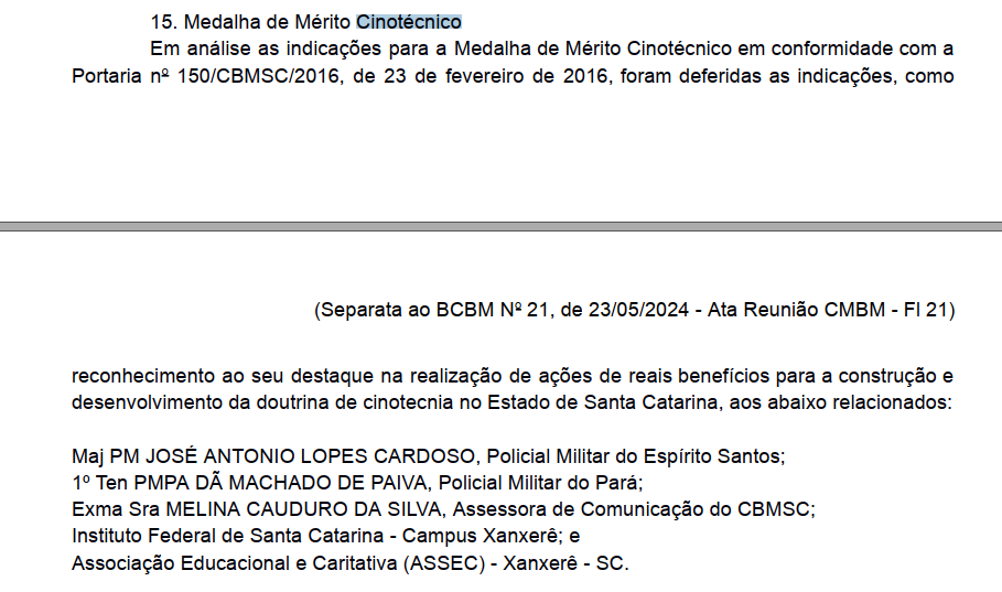 Trecho do boletim 21-2024 do Comando Geral do Corpo de Bombeiros Militar de Santa Catarina, que defere oficialmente a medalha ao IFSC