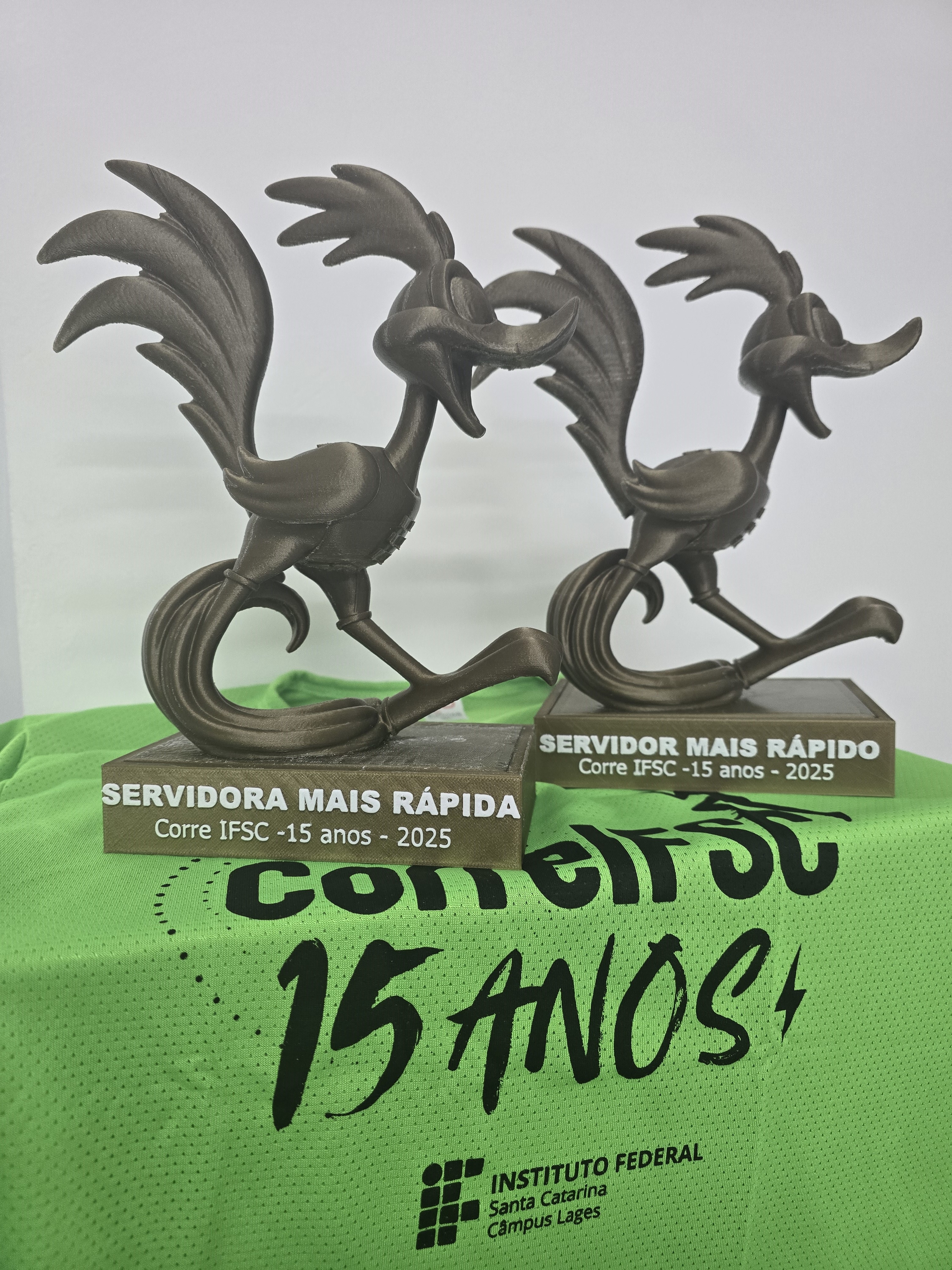 Troféus do desafio “Servidores mais rápidos do Corre IFSC – 15 anos” são um exemplo de material desenvolvido com impressora 3D