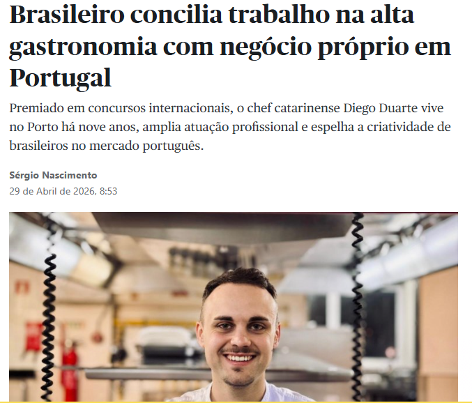 Reportagem publicada no final de abril destaca que Diego concilia gastronomia e empreendedorismo (Imagem: reprodução Público.pt)